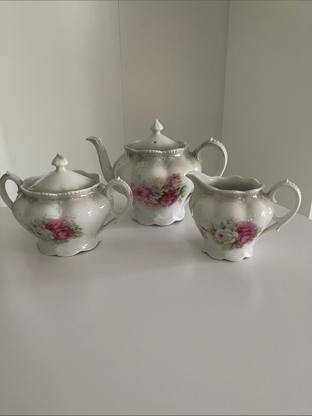 Porcelain Floral Rose Teapot, Sugar Bowl & Creamer Set - White with Pink Roses